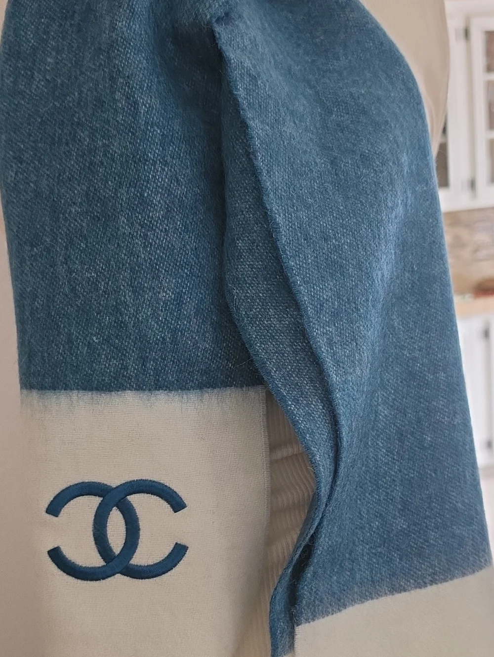 CHANEL Blue and Cream Embroidered CC Logo Scarf